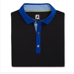 FootJoy Solid + Spiral Print Trim Lisle Self Collar Golf Polo - Black/Blue L